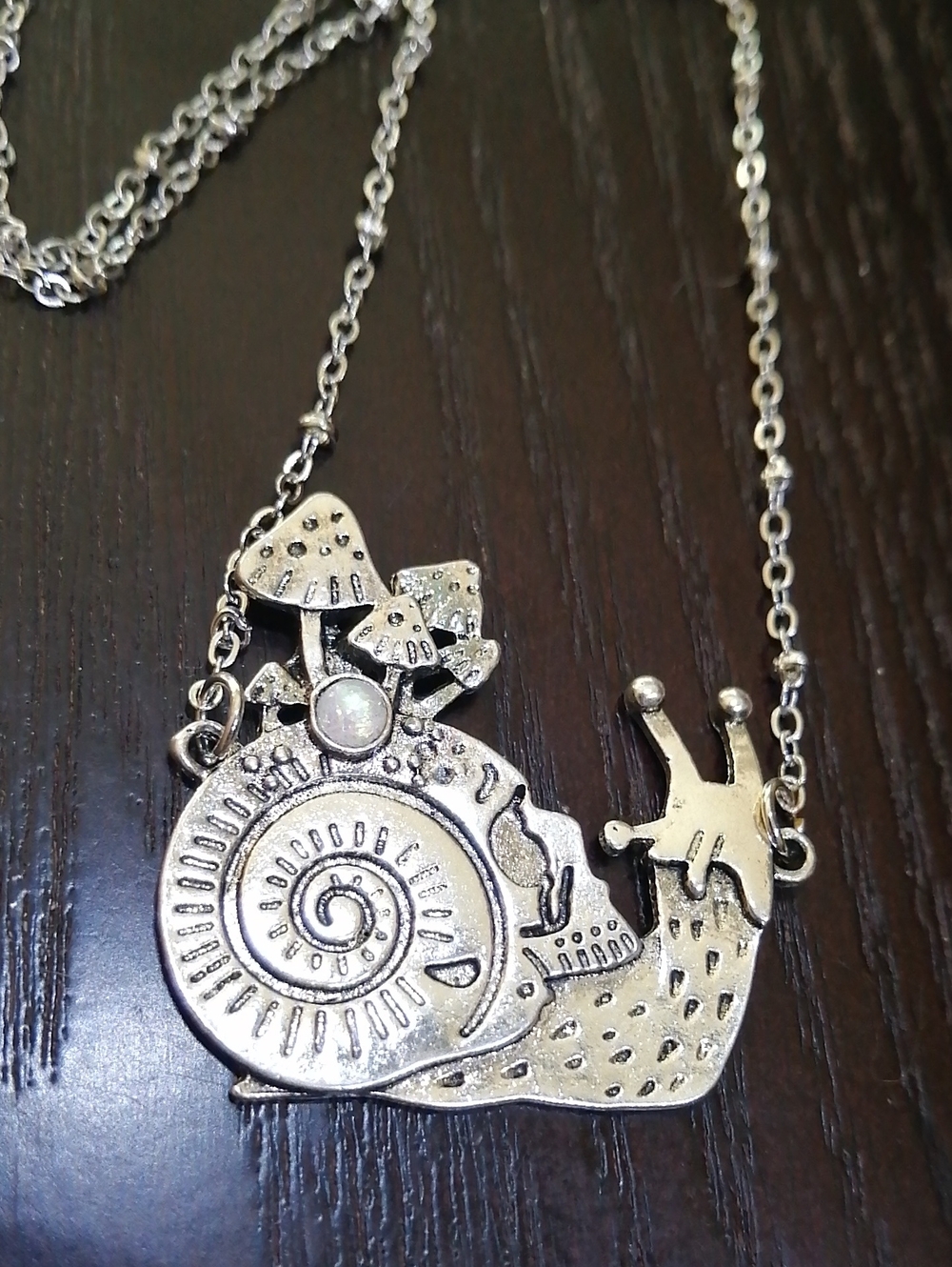 Silver-tone Snail Pendant With Faux Opal Mushrooms Unisex Necklace
